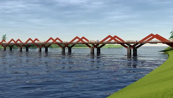 A rendering of a bridge over a river.