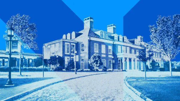 Blue-toned halftone image of a grand historic building with chimneys, trees, and a circular driveway.