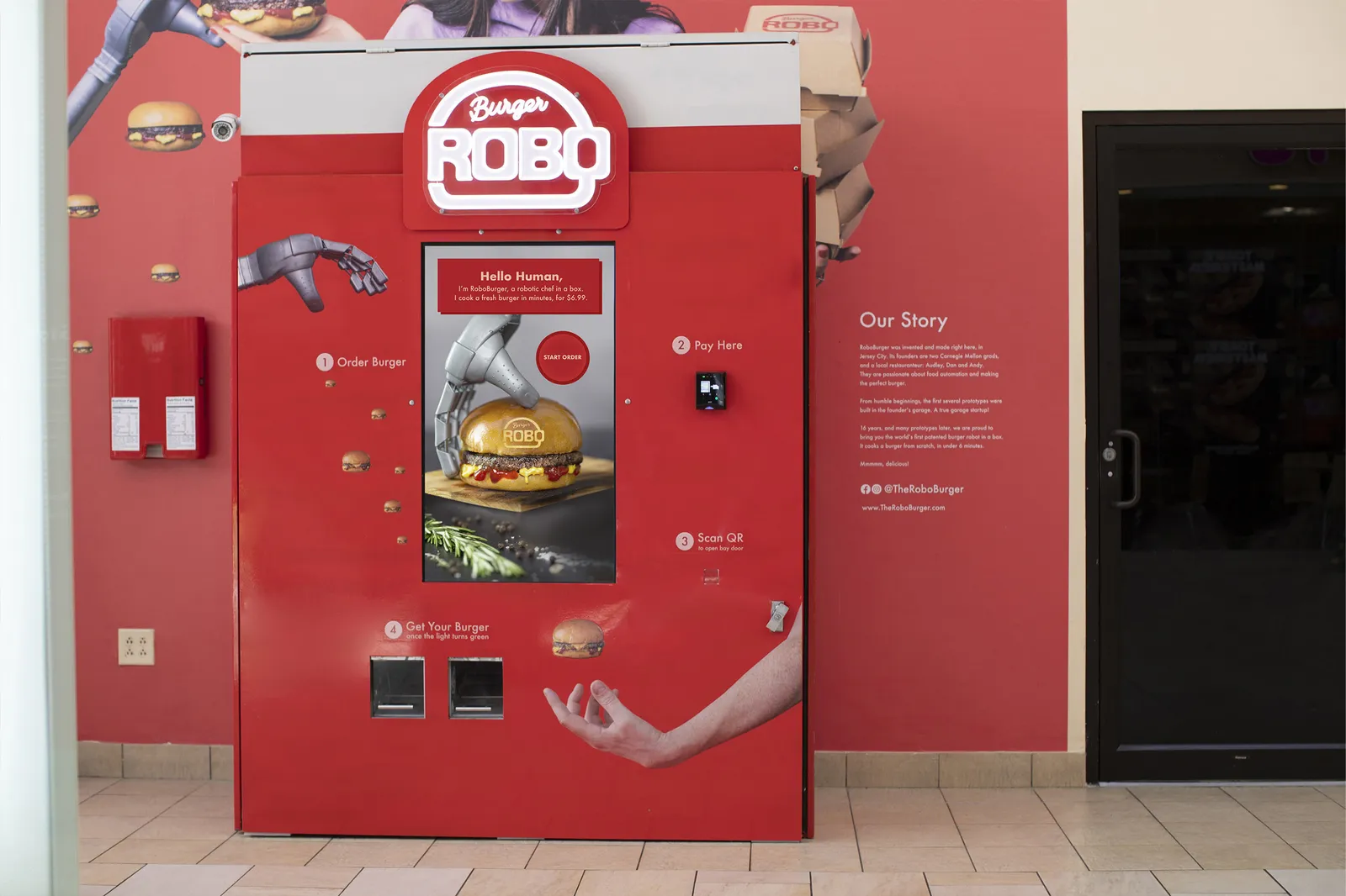 An image of a red vending machine that serves burgers.