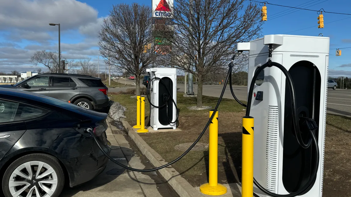 A photo of two XCharge EV chargers at a Citgo in Battle Creek, Michigan.