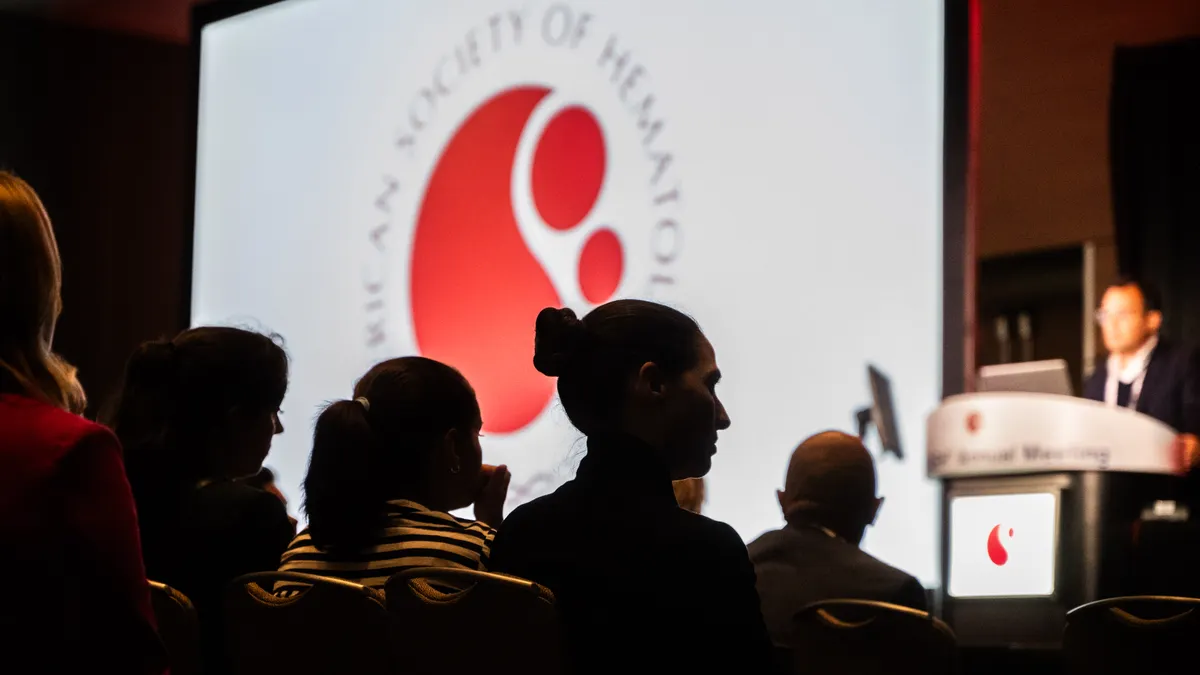 People are shadowed in the foreground while listening to a presentation.