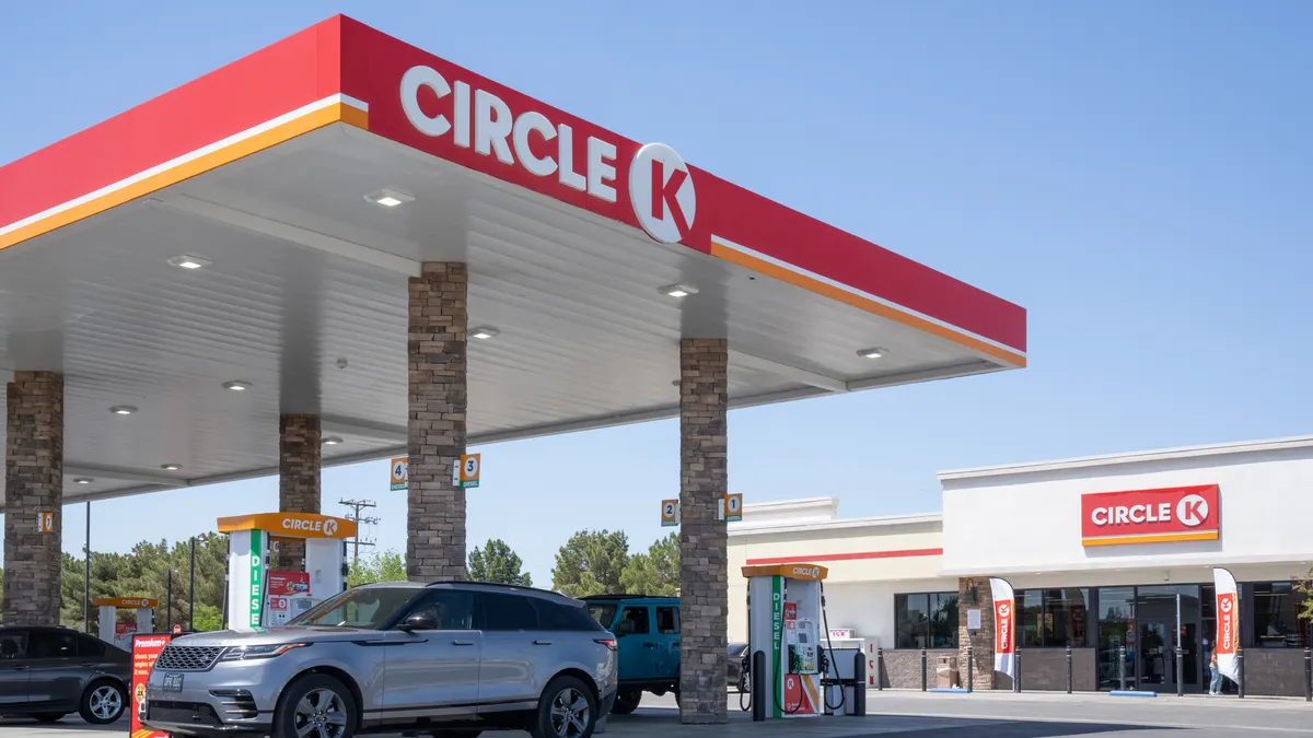 A photo of a gas station and convenience store. Both the fuel canopy and store read "Circle K."