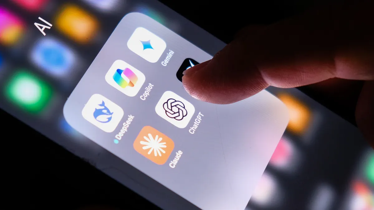 Apple iPhone screen with AI icons for ChatGPT, DeepSeek, Gemini, Copilot, Grok and Claude pictured.