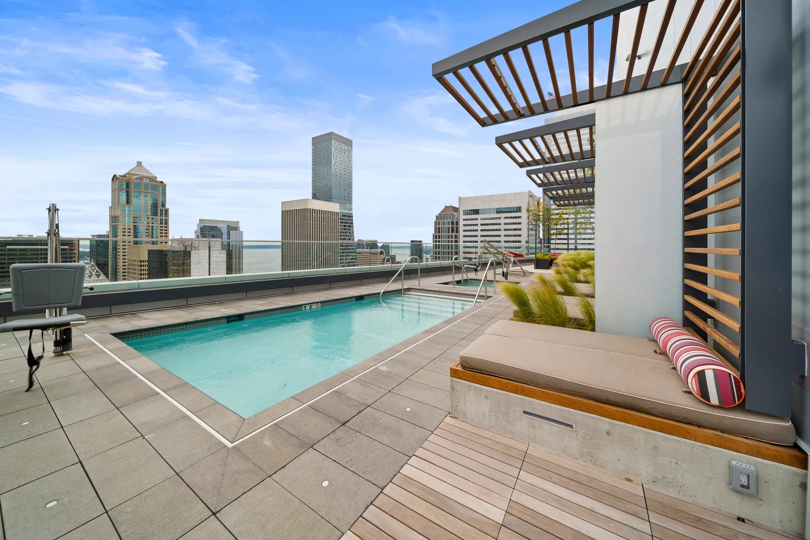 A rooftop swimming pool.