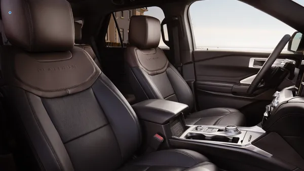 An interior view of the black-colored front seats in a 2020 Ford Explorer Platinum.