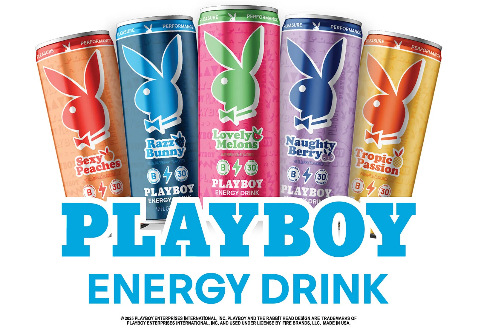 An array of five cans of colorful energy drinks with the Playboy bunny logo on them.