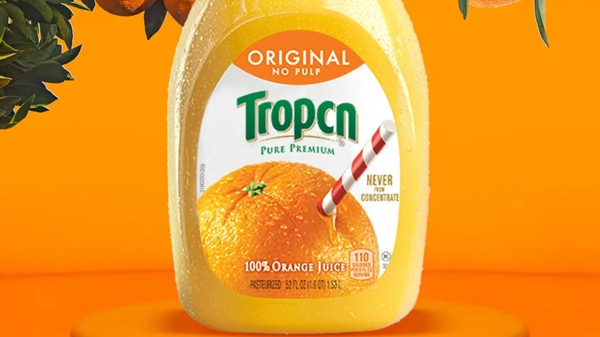 A Tropicana orange juice bottle in which the Tropicana logo does not feature the letters 'A' or 'I'