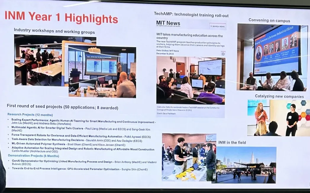 Slide with first-year highlights from MIT's Initiative for New Manufacturing