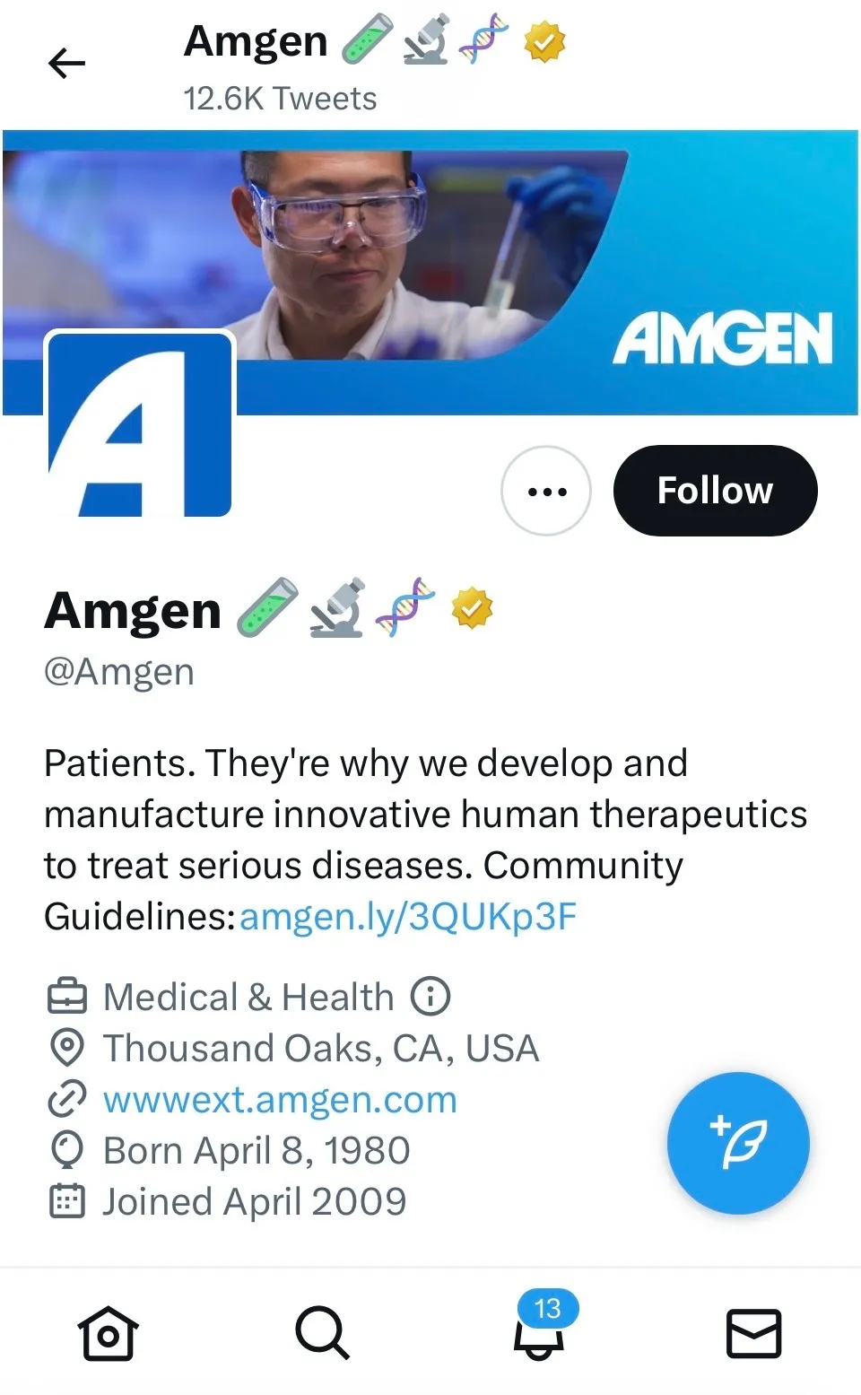 Amgen's Twitter profile