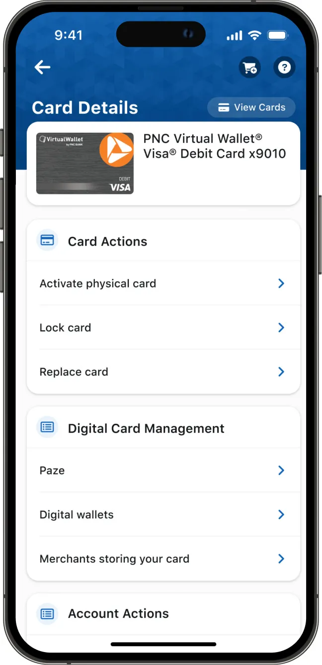 A screenshot of PNC's new mobile app shows "Card details" at the top with a list of card or account actions a user can take.