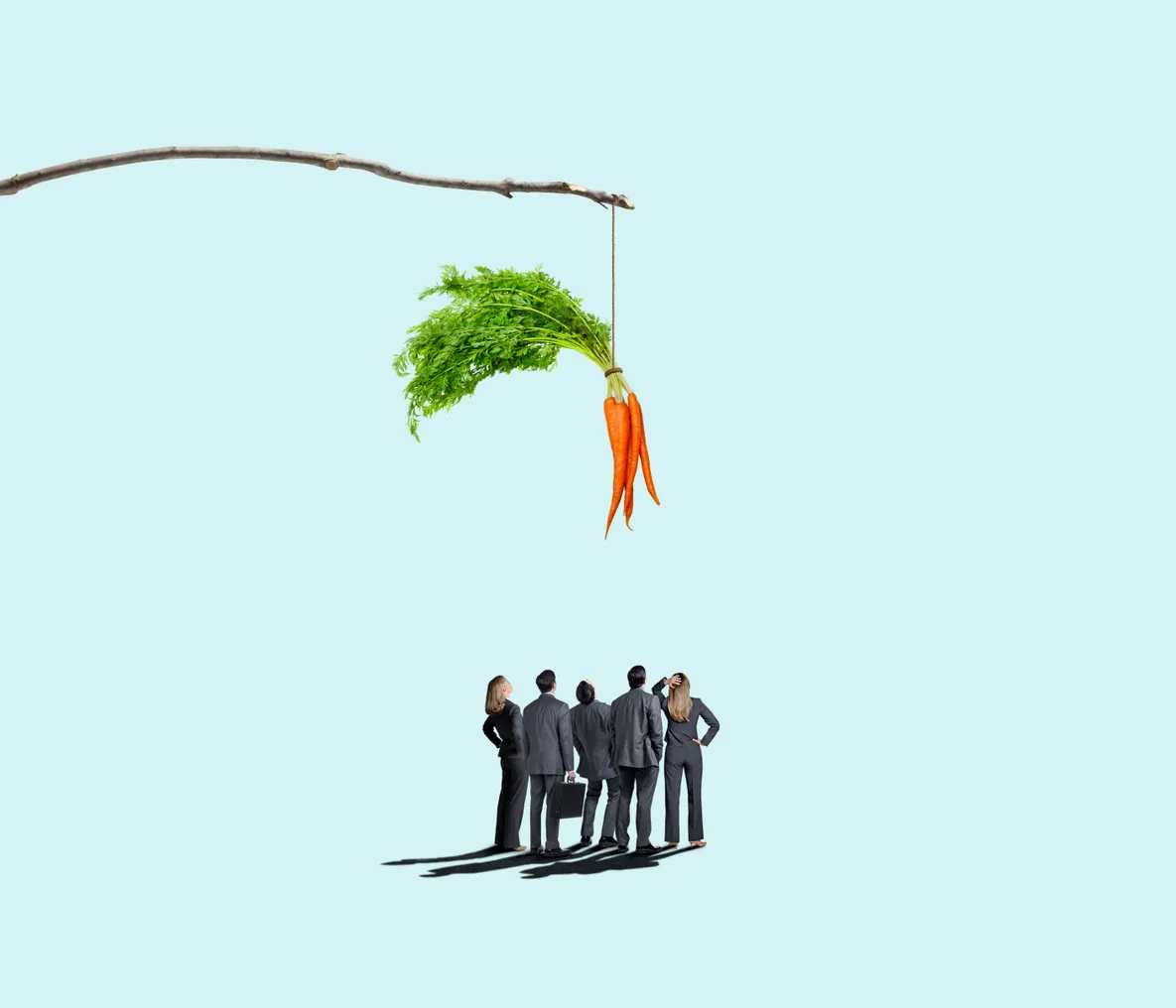 Group Of Business People Looking Up At Carrot Dangling From A Stick