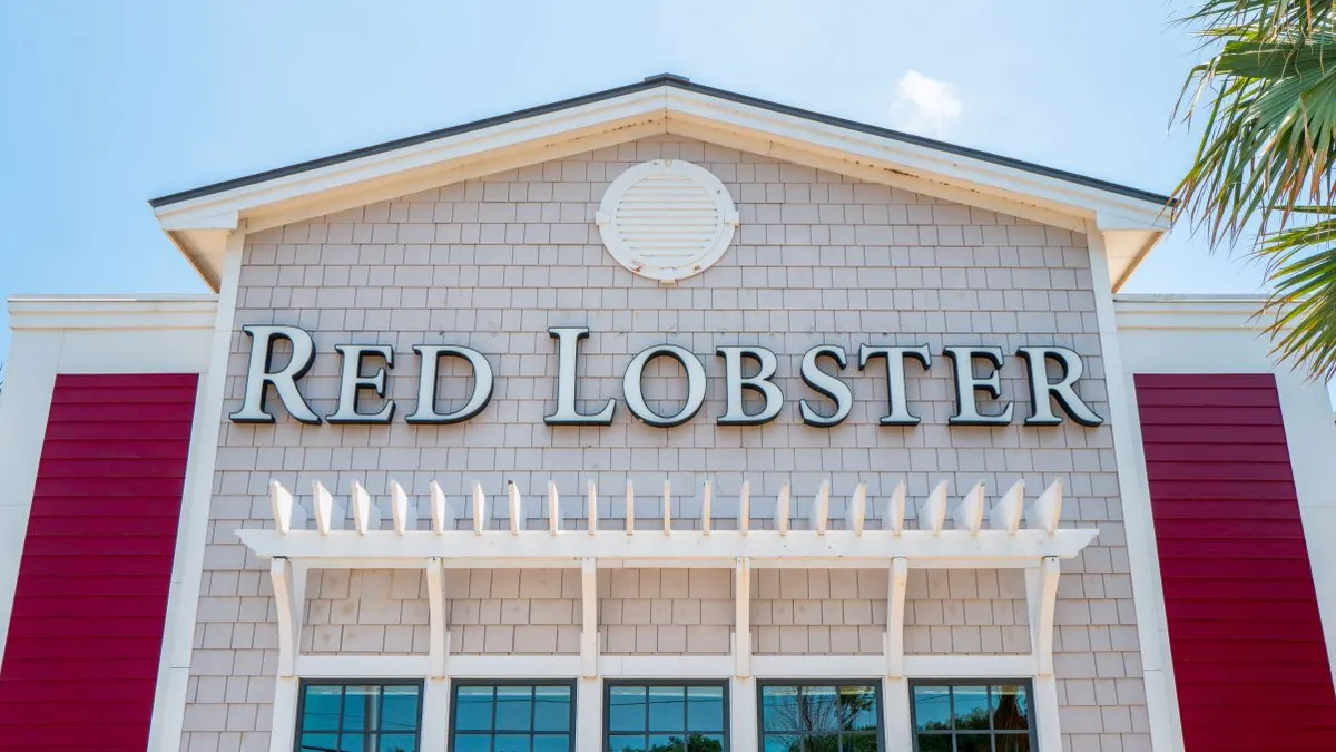 An image of a white and red building with Red Lobster signage on the front.