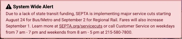 System wide alert regarding major service cuts.