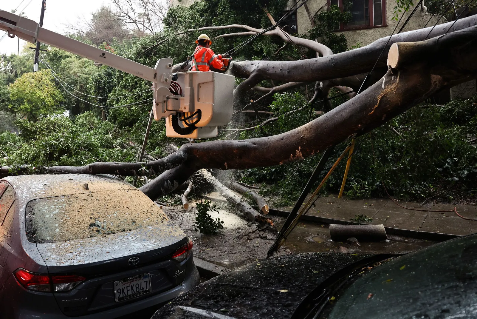 a worker in a bucket truck cuts up a tree fallen on a power line