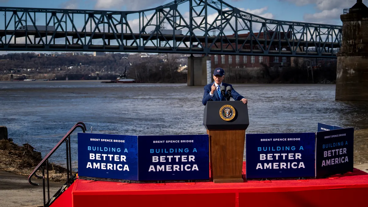 President Joe Biden in front of the Brent Spence Bridge