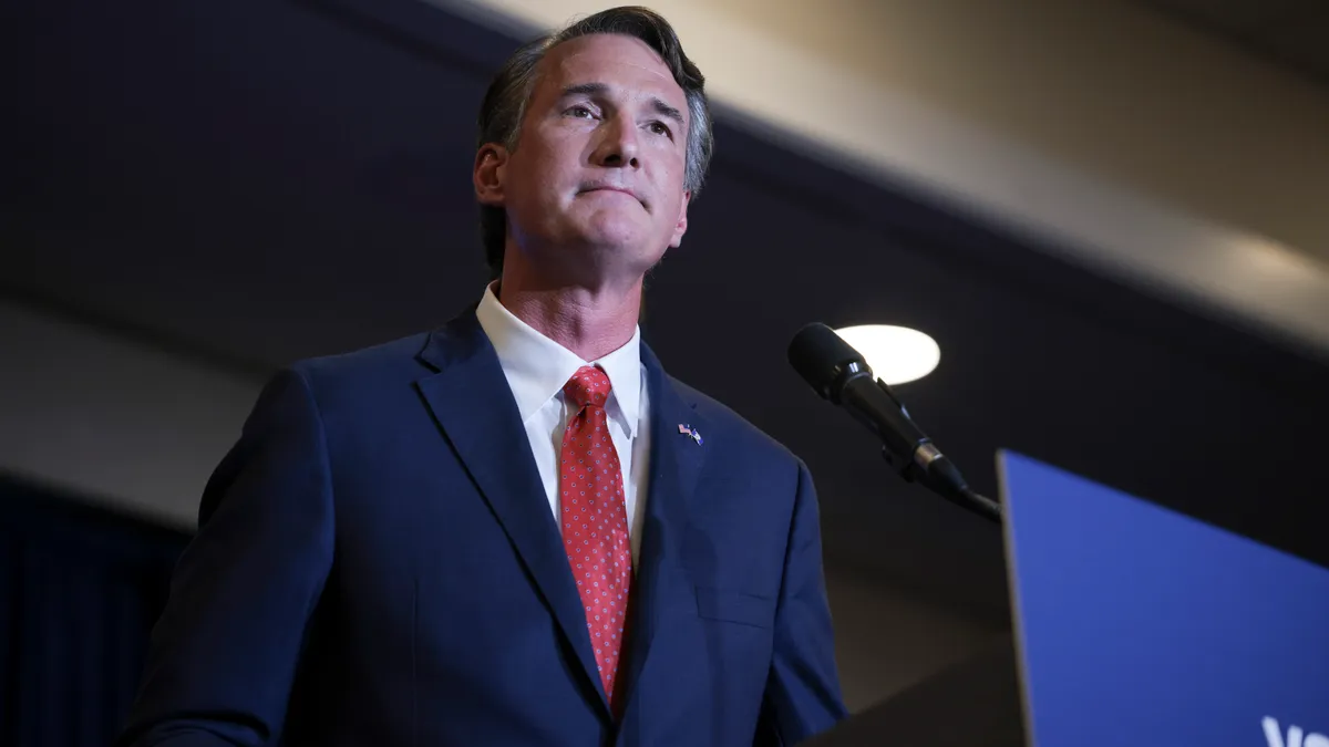 Virginia Republican gubernatorial candidate Glenn Youngkin speaks during an election-night rally at the Westfields Marriott Washington Dulles on November 02, 2021 in Chantilly, Virginia.