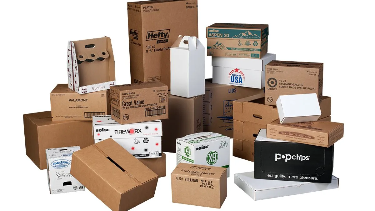 A variety of different corrugated boxes for shipping products.