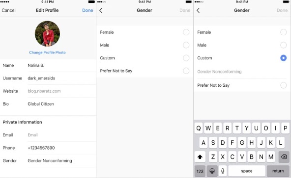 Instagram gender listing options