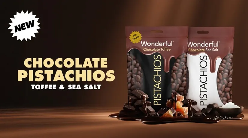 Two bags of Wonderful Pistachio&#x27;s chocolate varieties are pictured for a product shot.
