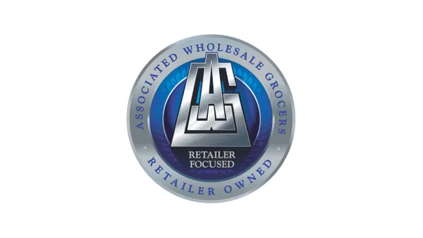 A circular logo with the words "Associated Wholesale Grocers" across the top and "Retailer Owned" at the bottom in blue letters.