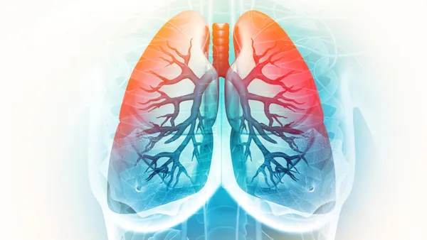 A 3D illustration of a pair of lungs inside the rib cage.