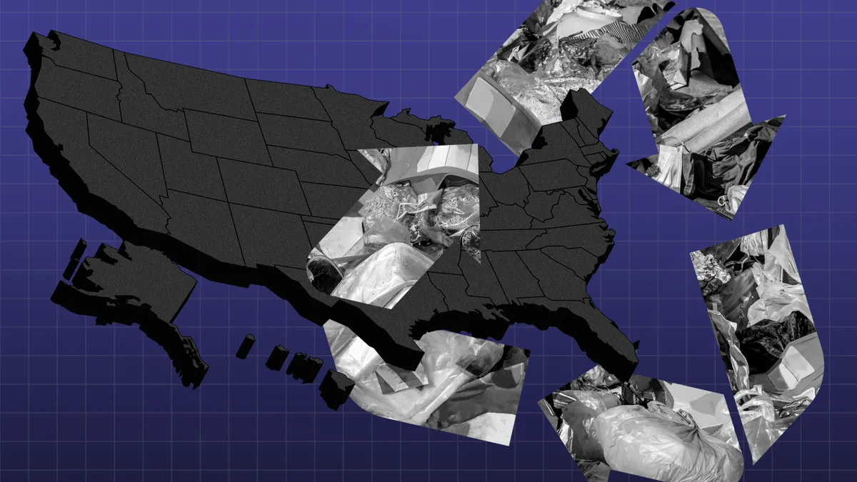 United States map with recycling arrows superimposed on top