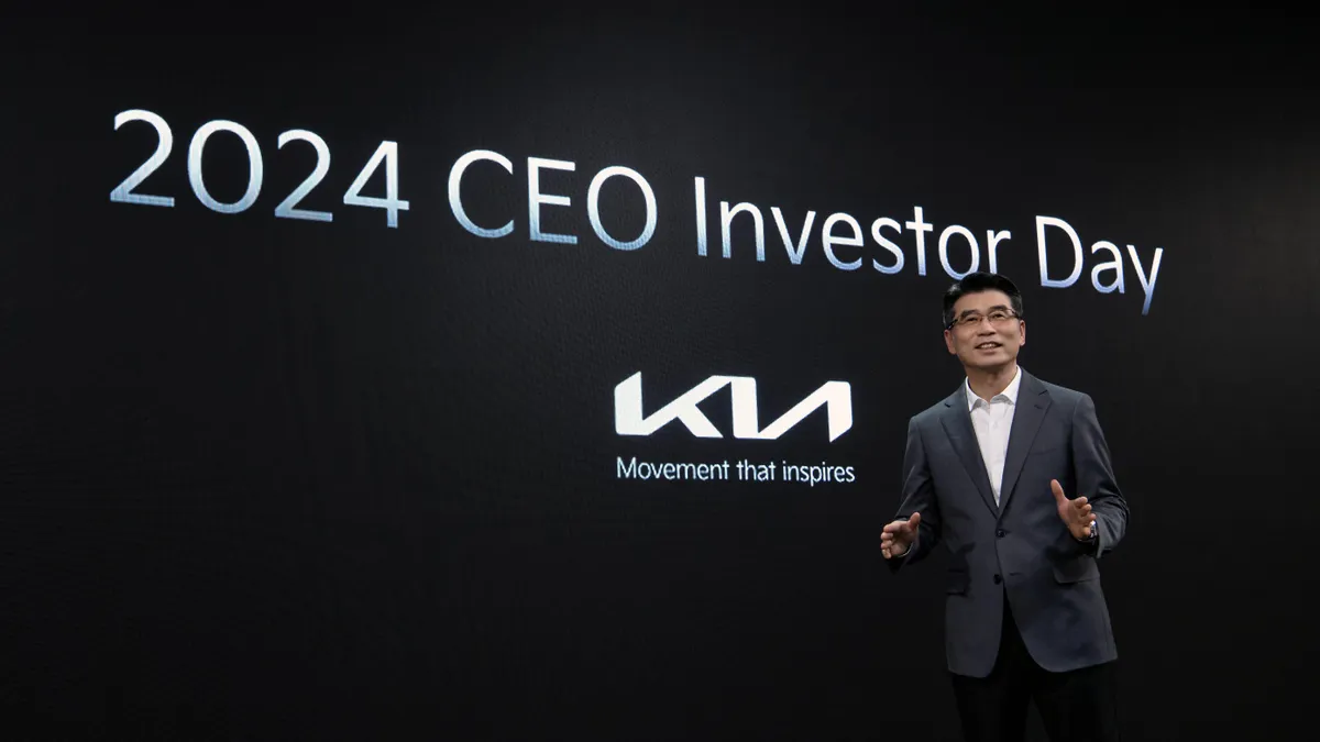 Kia President and CEO Ho Sung Song speaks on stage at the company's 2024 CEO Investor Day event in Seoul, South Korea.