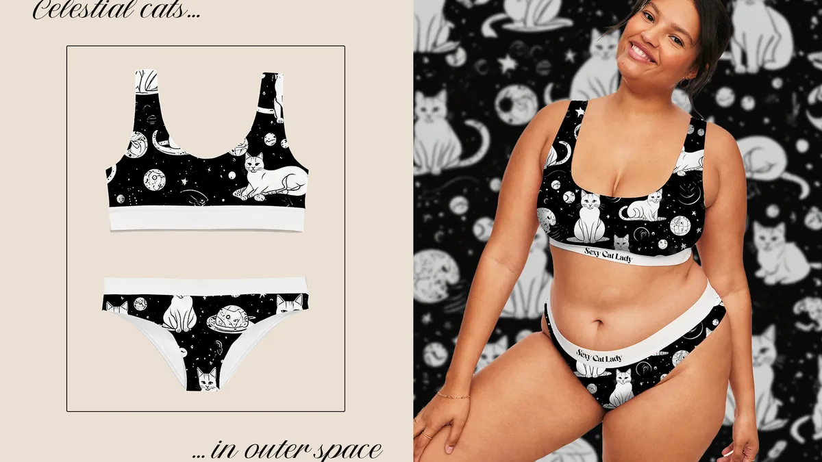 A pair of underwear and a bralette with cats and planets on it, as well as a model wearing the set. Text reads "Celestial cats in outer space."