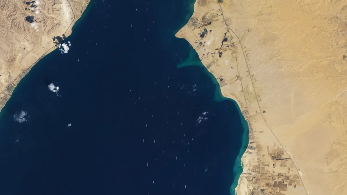 A line of ships waiting to get through the Suez as its blocked by the Ever Given, taken March 27, 2021