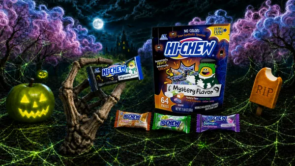 Packages of Hi-Chew are seen in a Halloween setting.