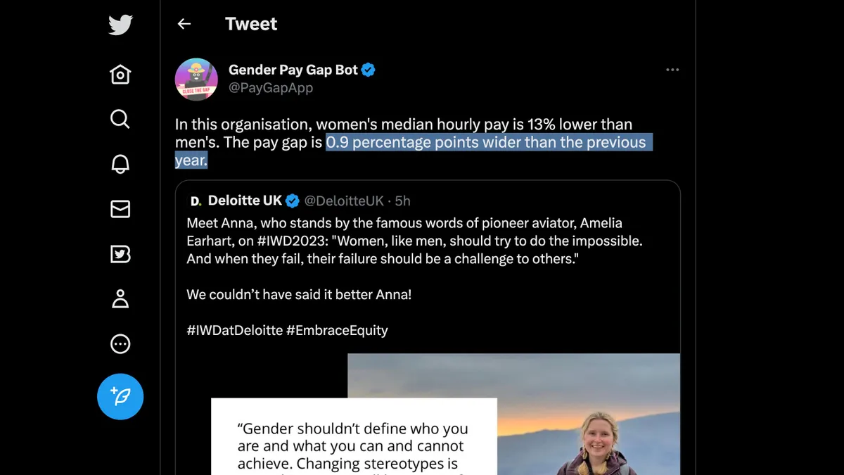 A screenshot of the Gender Pay Gap Bot quote-tweeting an IWD post by Deloitte UK