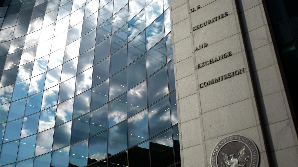 The U.S. Securities and Exchange Commission seal hangs on the facade of its building.