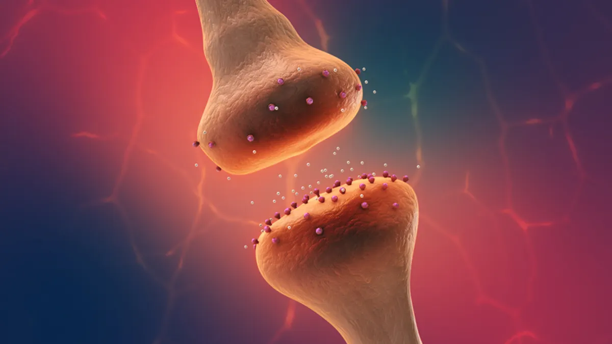 An illustration of two brain receptors signaling, set against a stylized red background
