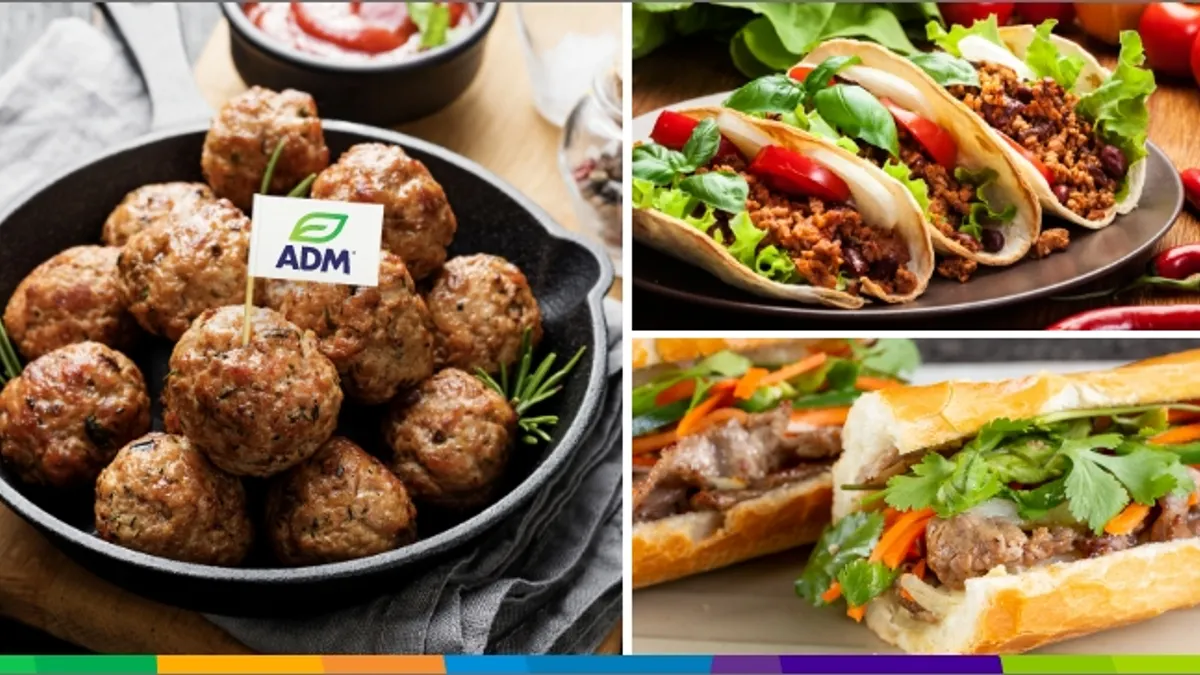 Collage: Plate of meatballs, plate of tacos, subs