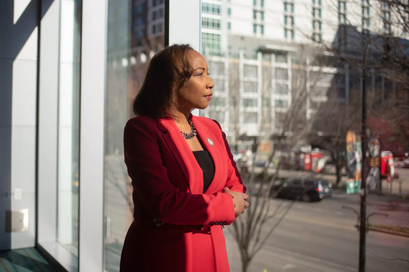 Superintendent Monique Darrisaw-Akil of Uniondale Union Free School District looks out a window in Nashville, Tenn.