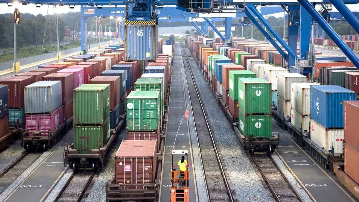 Rail-mounted gantry cranes work trains at the Port of Savannah’s Mason Mega Rail Terminal.