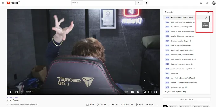 YouTube caption editing