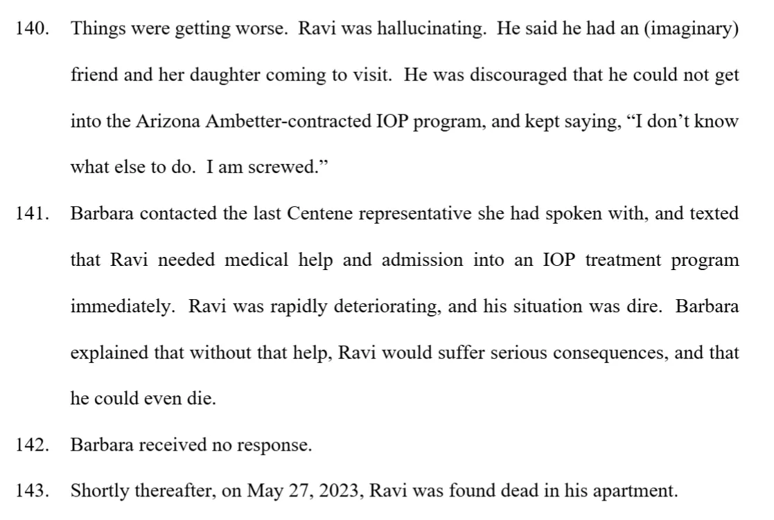 A screenshot of the Countinho wrongful death lawsuit against Centene.