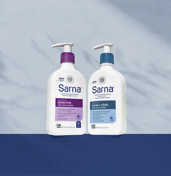 Two white bottles of different formulas of Sarna anti-itch lotions, one with purple details and the other with blue.