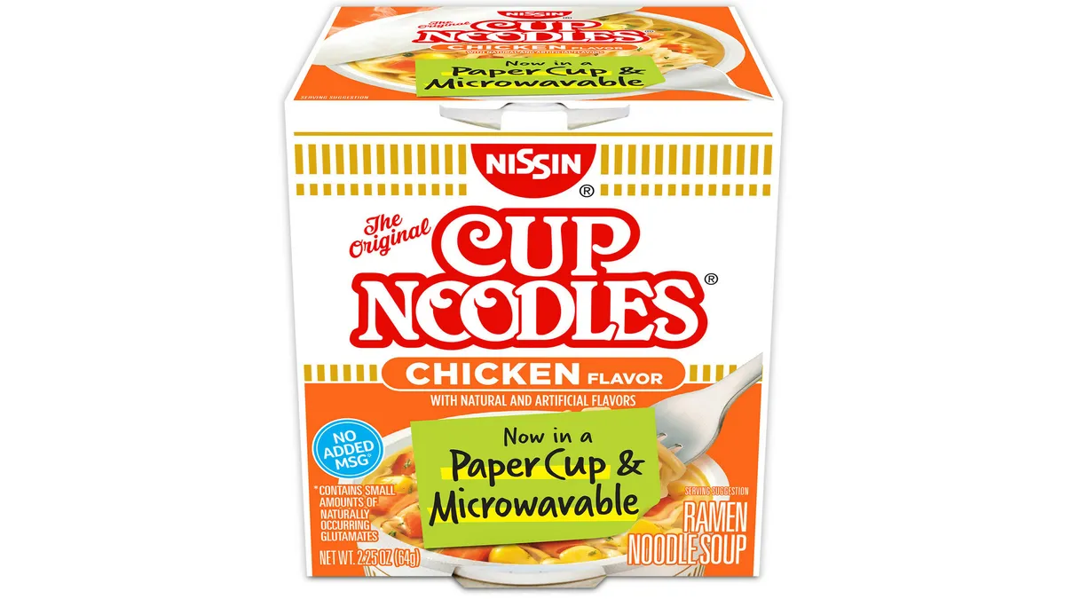 Close-up view of a Cup Noodles product with messaging highlighting the paper material.