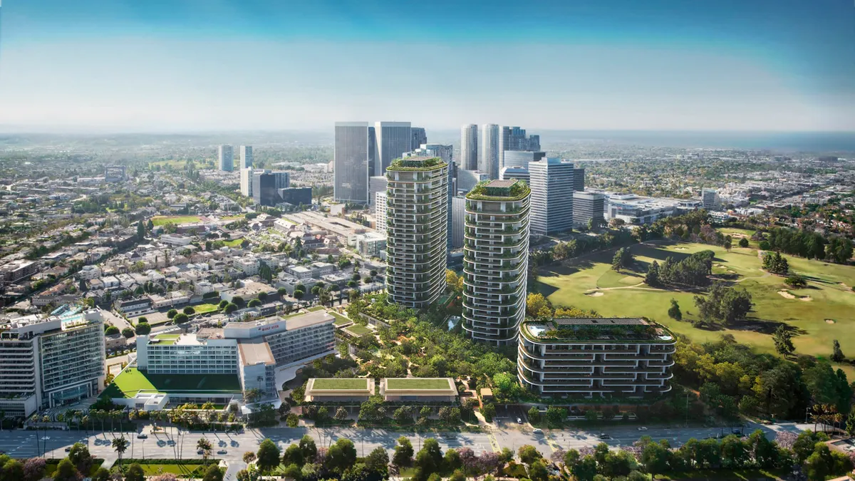 A rendering shows the vision for two residential towers in Beverly Hills, California.