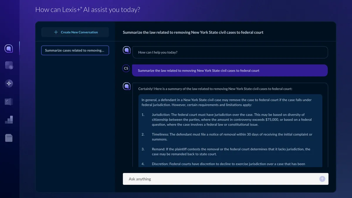 A screenshot of Lexis+ AI, a generative AI-powered tool from LexisNexis, in action