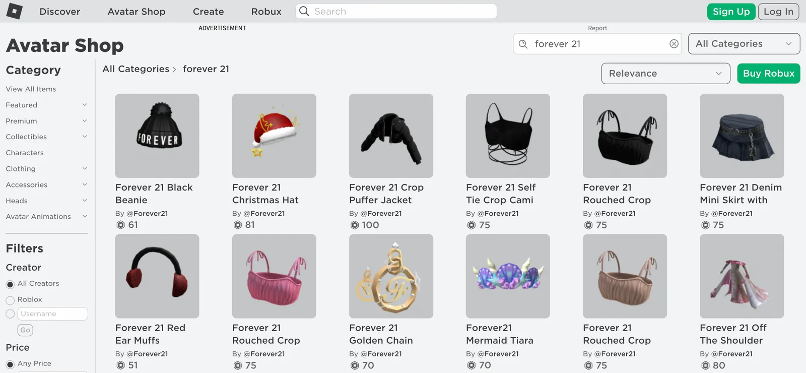 Screenshot of the Roblox Avatar Shop page with search results for Forever 21 products