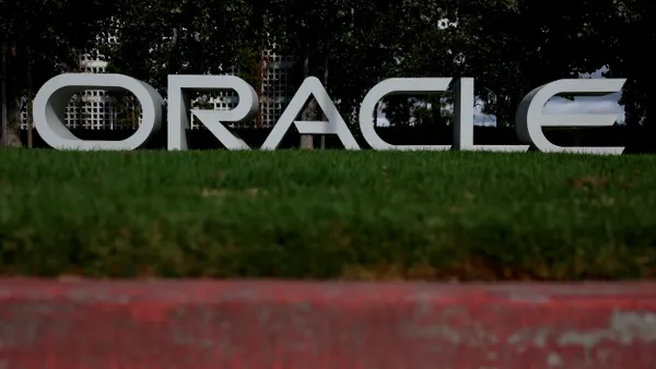 A sign is posted in front of an Oracle campus on September 10, 2025 in Redwood Shores, California.