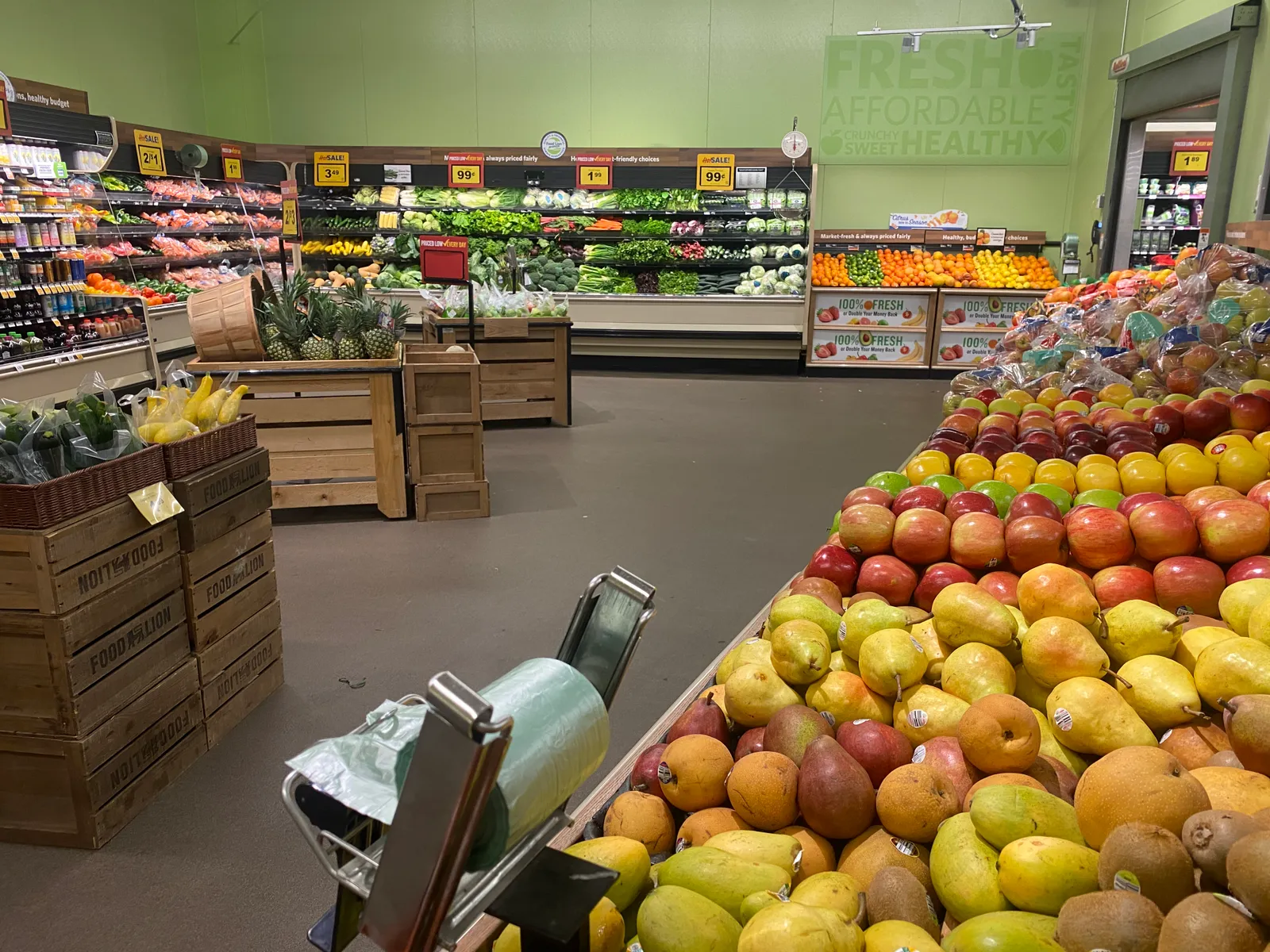 A walk-in produce cooler at a Food Lion store.