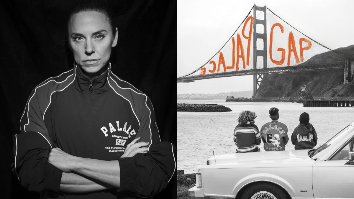 An image of “Sporty Spice” Spice Girl Melanie C in a logo flight jacket next to an image of models, also in logo jackets, staring at the Golden Gate Bridge.