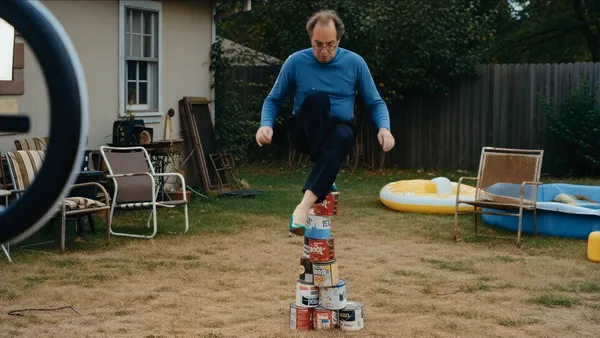 An AI-generated image of a man wearing a blue sweater attempting to stand on a tower made of cans in a backyard while wearing heals.