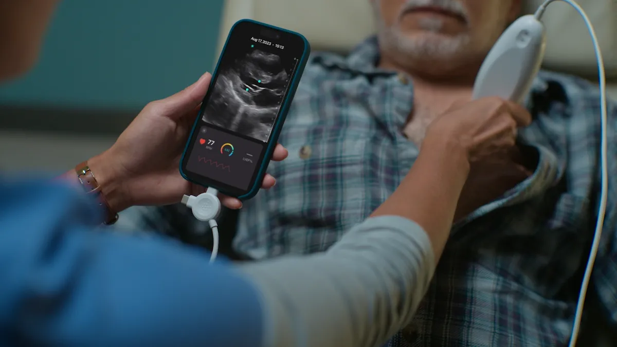 Exo's Iris handheld ultrasound probe is held to the chest of a patient.