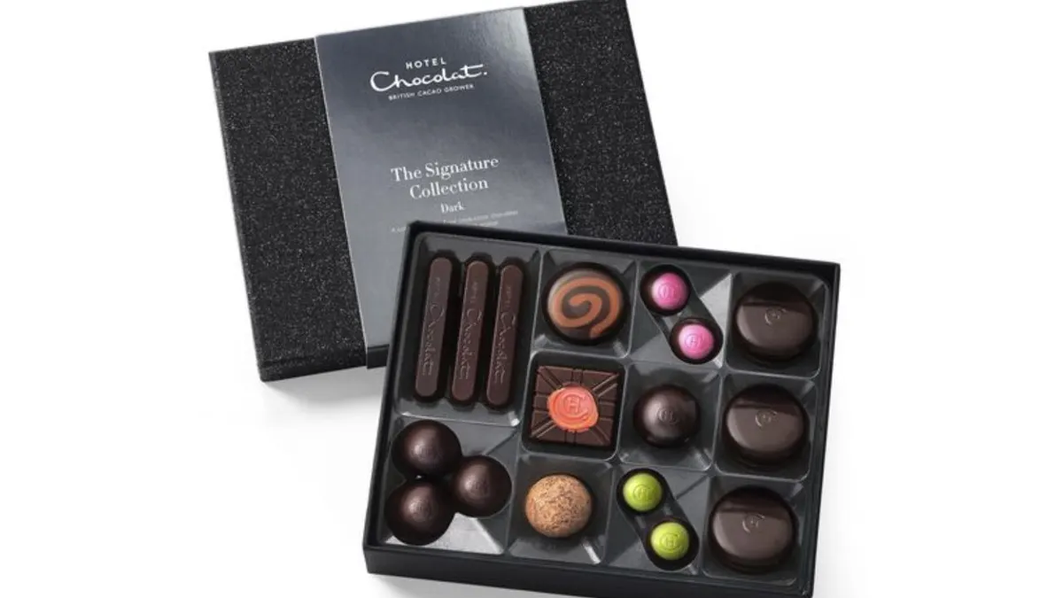 A box of Hotel Chocolat dark chocolate candies.