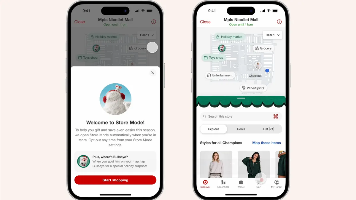 Two screenshots of Target app using the Find Bullseye hunting feature